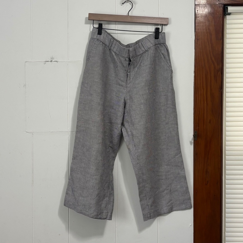 Liz Claiborne Striped Linen Blend Wide Leg Crop Pants Grey White Womens Medium